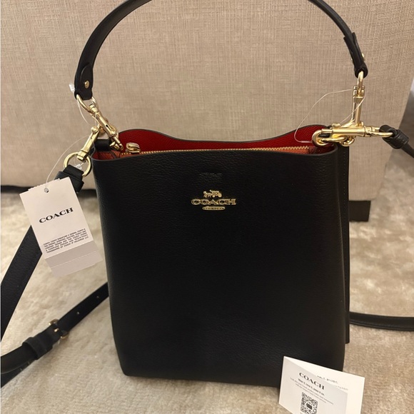 NWT - Black Leather Coach Crossbody Bag – Converts to Handheld Purse - Picture 1 of 9